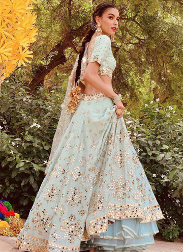 Spectacular Paper Mirror Work Mulberry Silk Firozi Lehenga Choli